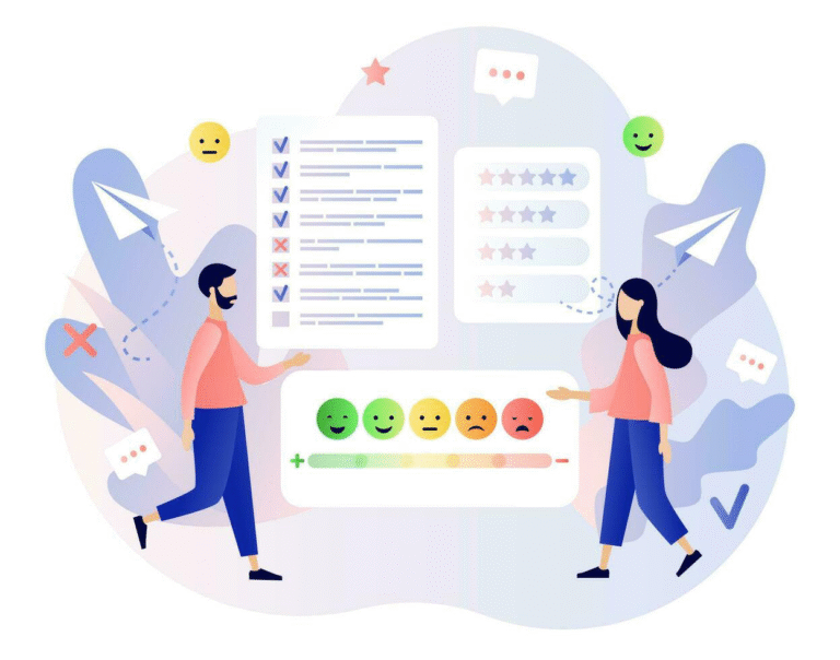 feedback concept customer survey review and opinion tiny people leave feedback and put assessment in online service modern flat cartoon style illustration on white background vector